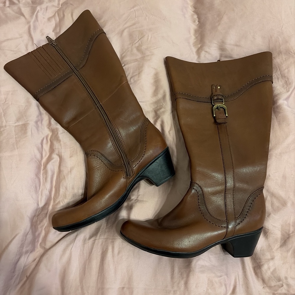 Clarks Brown Heeled Mid-Calf Boots with Buckle Accent
